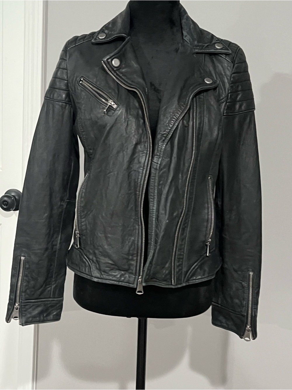 Marc New York Black Leather Moto Jacket with Quilted Shoulders